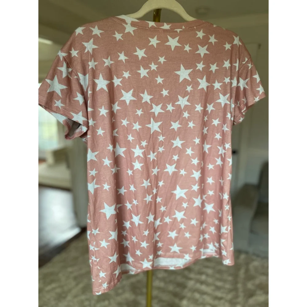 Pink Star Print Short Sleeve Tee L Comfy Casual Lounge Soft Girl Relaxed Basic L - Picture 3 of 5